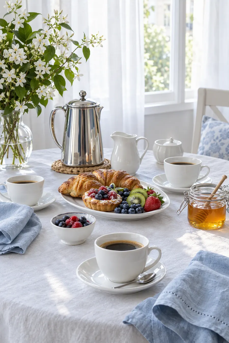 Petit-déjeuner du dimanche, cafetière en inox et tasses en porcelaine