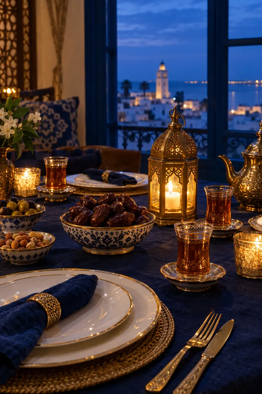 Table d’iftar à l’heure bleue, lanterne en laiton et verres à thé dorés