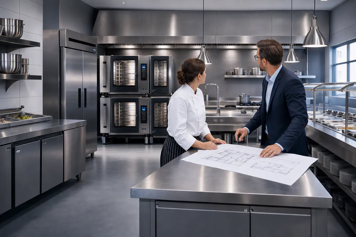 Conseiller et professionnel de la restauration étudiant un plan d’équipement dans une cuisine professionnelle
