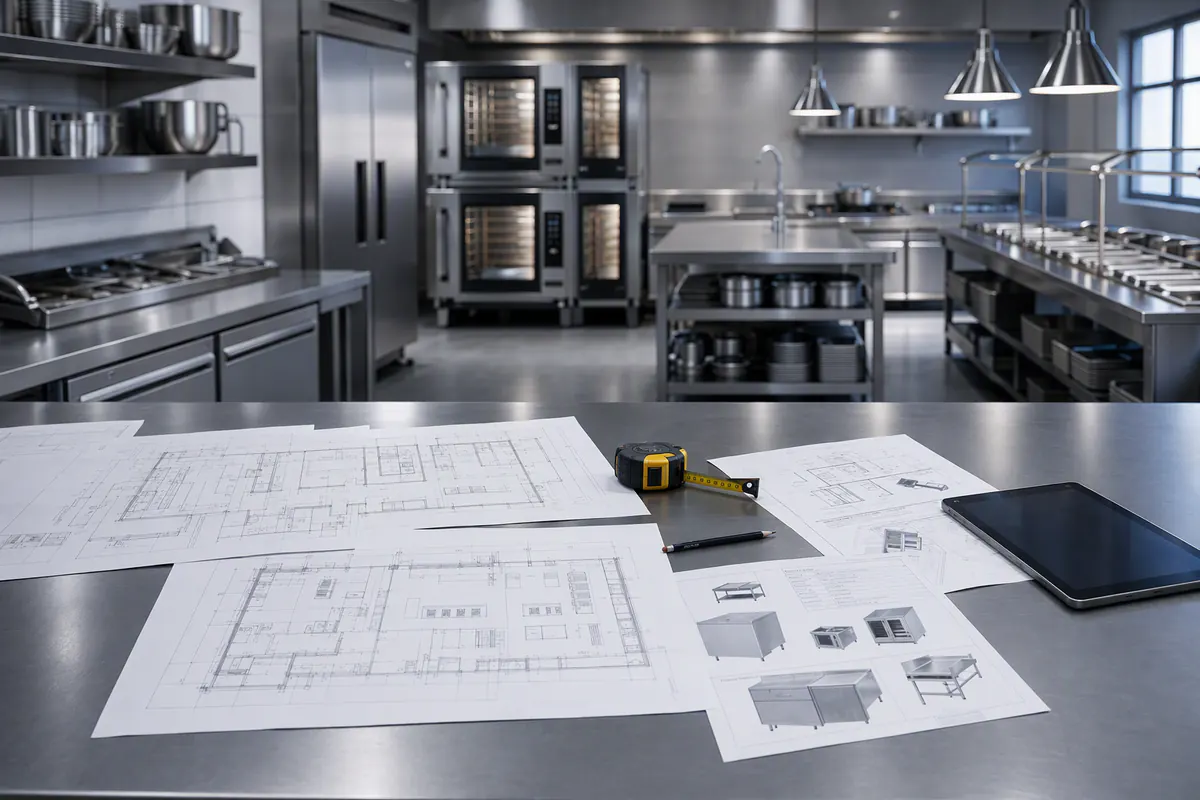 Plans, fiches techniques et mètre ruban préparés pour organiser une cuisine professionnelle