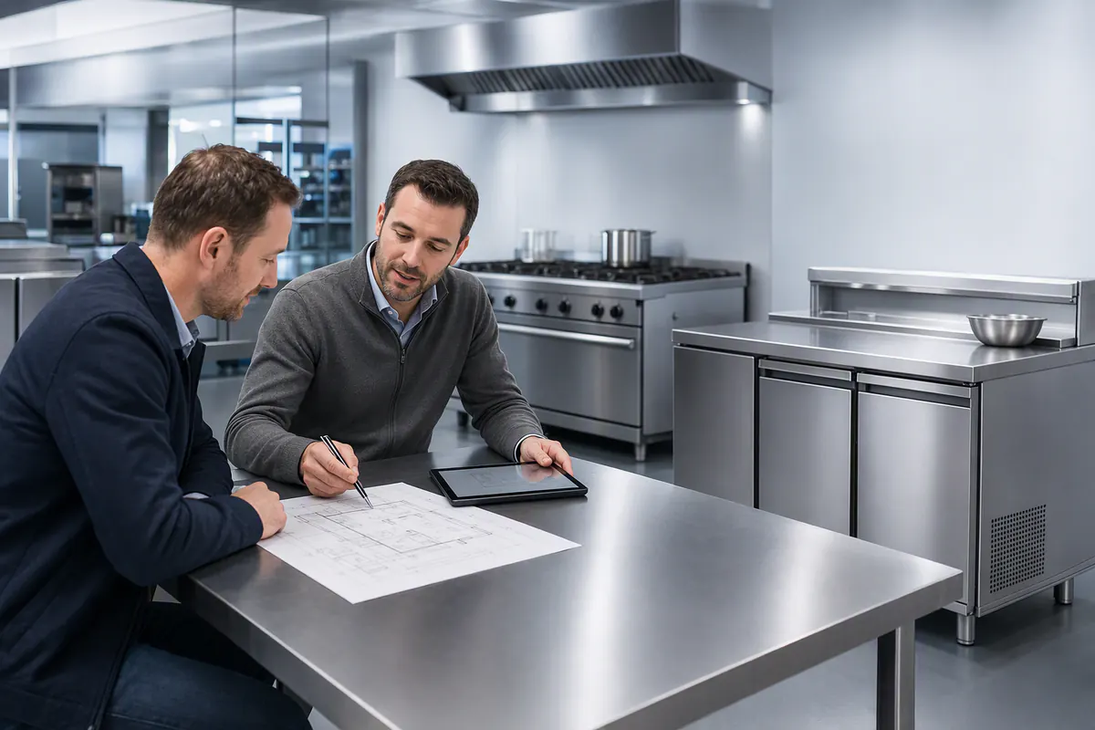 Conseiller échangeant avec un client autour d’un appareil de cuisine