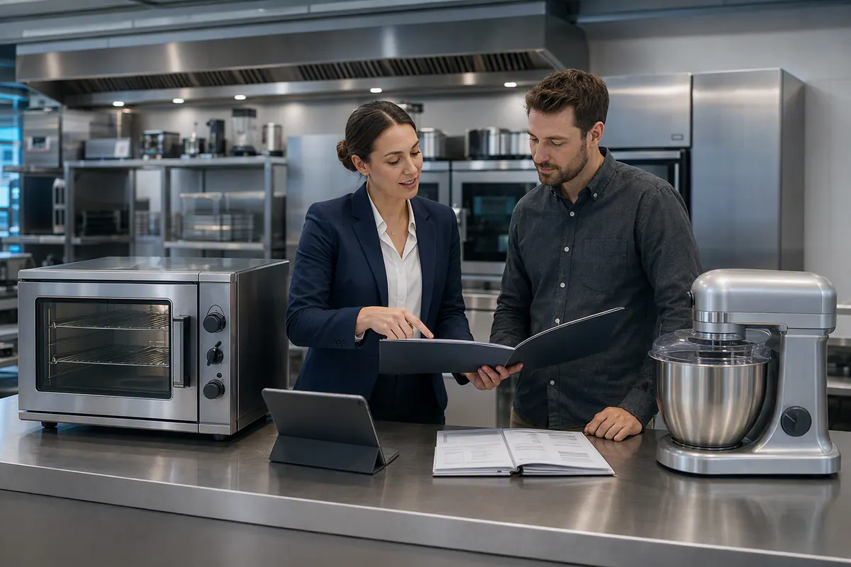 Conseiller aidant un client à comparer des équipements de cuisine professionnelle