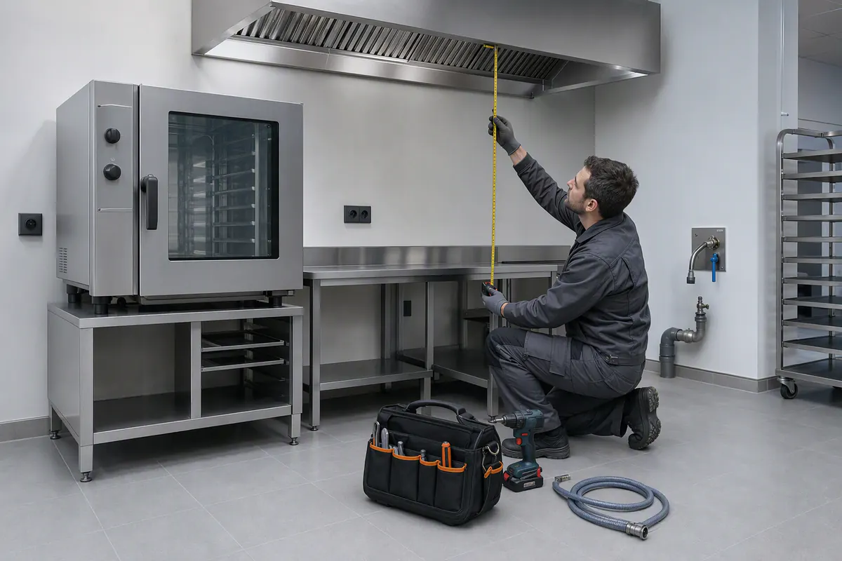 Technicien vérifiant les raccordements et l’emplacement d’un équipement professionnel
