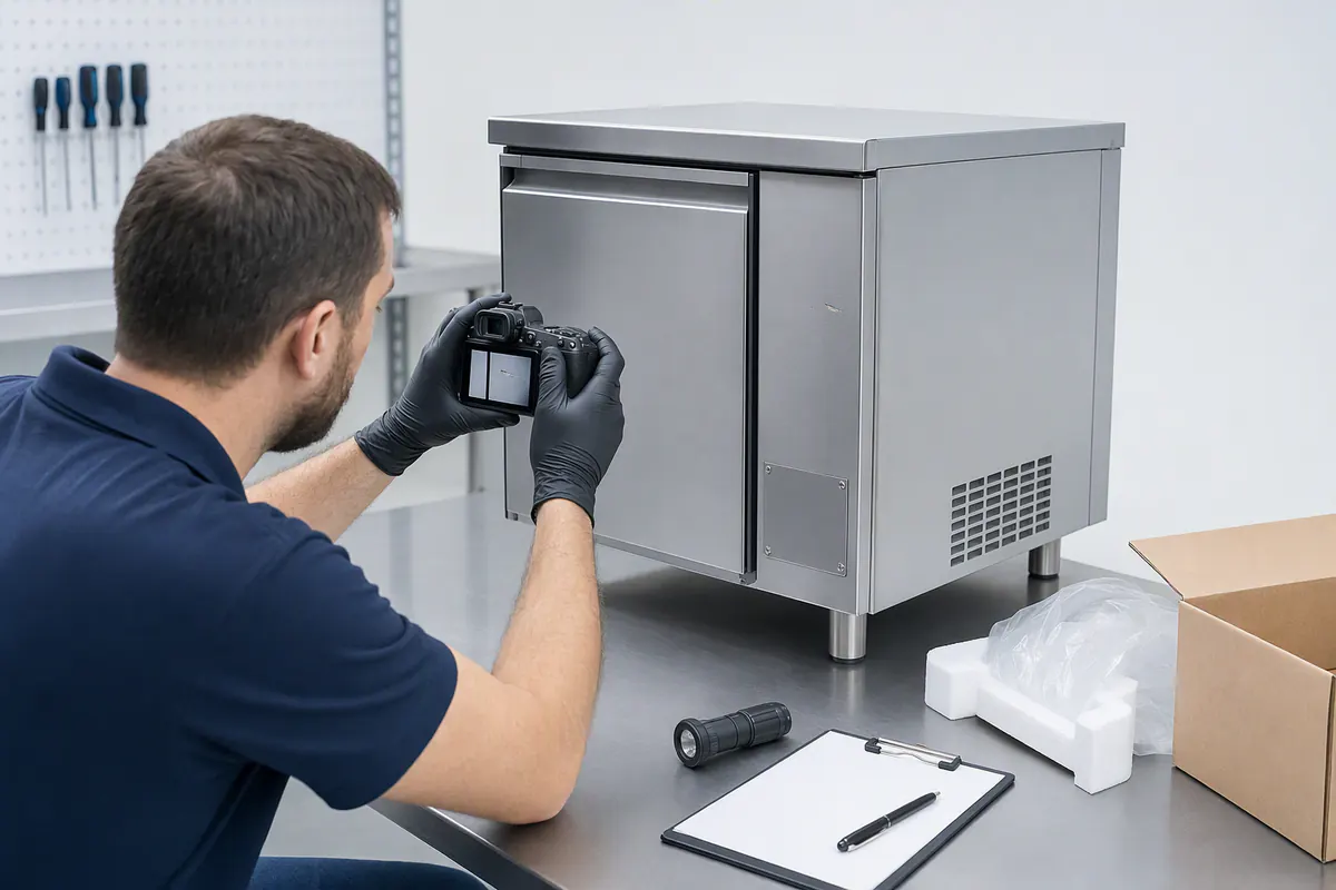 Technicien documentant l’état d’un équipement et son emballage avant un retour