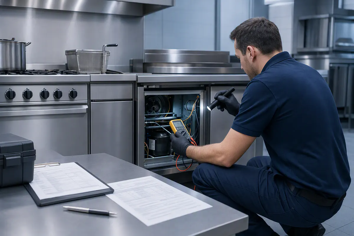 Technicien diagnostiquant un équipement professionnel avec ses documents de garantie